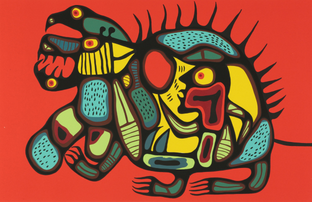 Painting with a red background and Indigenous legendary beings in yellows reds and blues