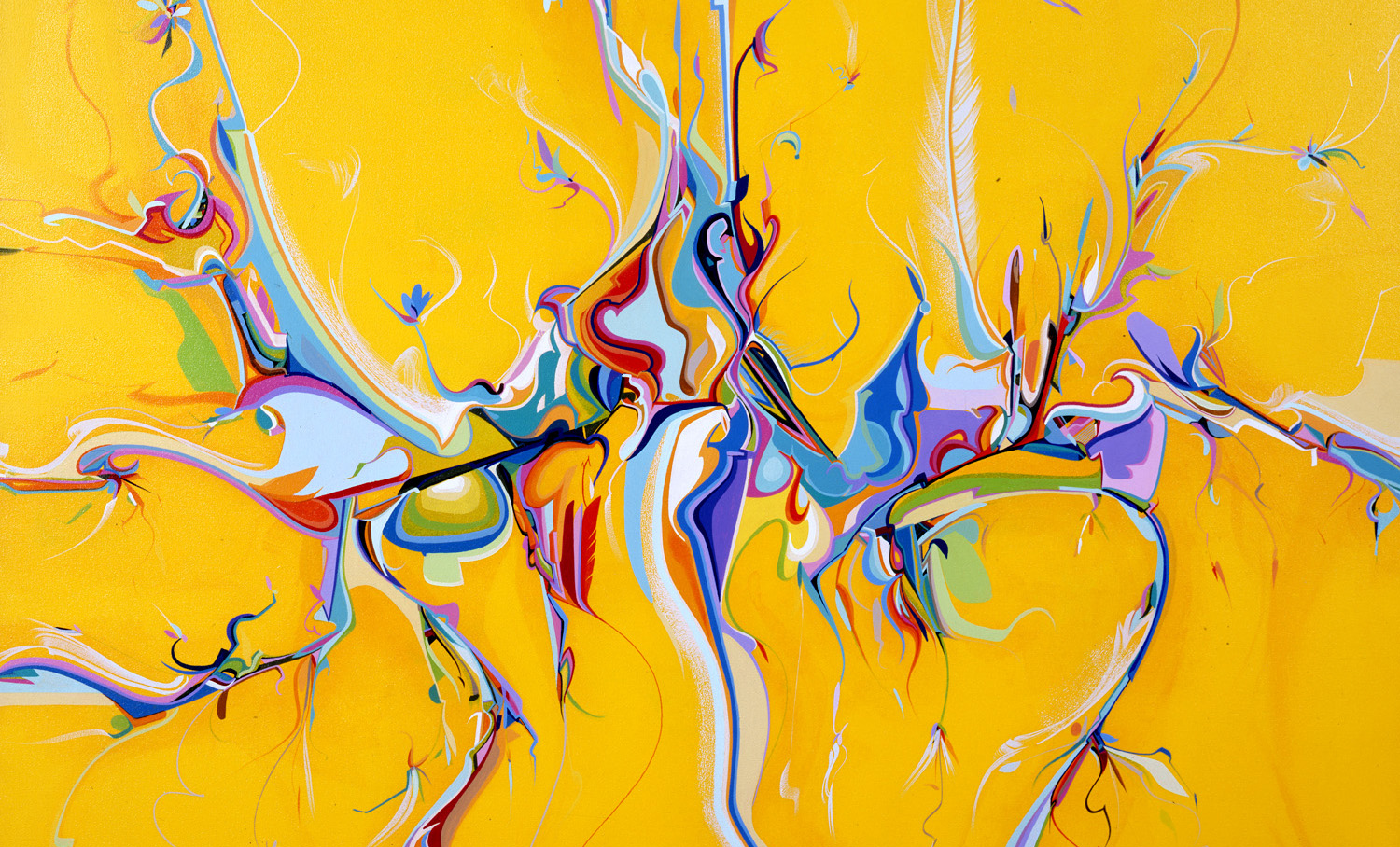 Yellow background and streams of rainbow colours mixing together and flowing out from the center